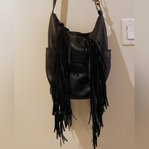 Cut n' Paste black leather fringe moto bag